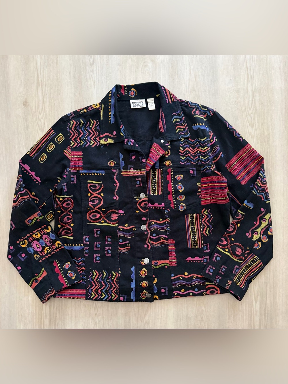 Vintage Chico's Design Denim Jacket Abstract Multicolor Button Up Sz 1